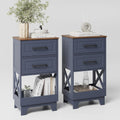 Tall Nightstand Set of 2 Side Table Modern Night Stand with 2 Drawers Wooden Rustic End Table Bedside Table with Upper Open Shelf Solid Feet for Bedroom Navy Blue+Walnut