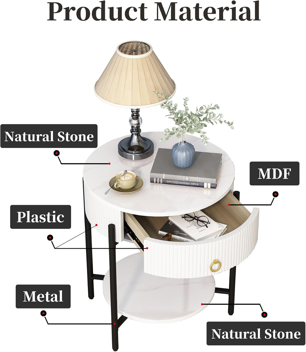 OIOG Round End Table with Drawer, Modern 2 Tier NightStand with Shelf, Small Side Table with Sintered Stone Tabletop for Living Room, Bedroom, Dorm, and Office, Marbling Natural Stone/White