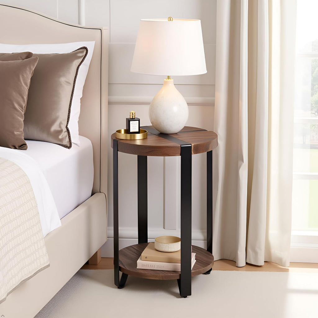 Modesto 20-Inch Round End Table – Rustic 2-Tier Side Table with Solid Wood Top, Lower Shelf, & Metal Legs – Small Accent Table for Living Room or Bedroom by Alaterre Furniture (Natural Wood Finish)