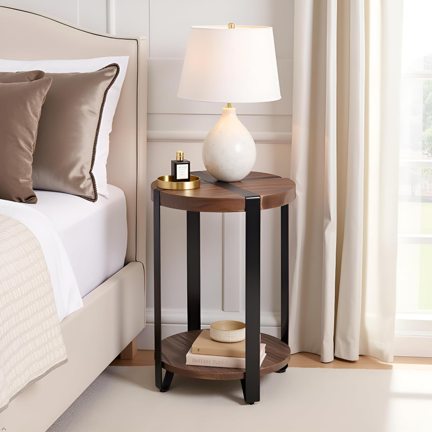 Modesto 20-Inch Round End Table – Rustic 2-Tier Side Table with Solid Wood Top, Lower Shelf, & Metal Legs – Small Accent Table for Living Room or Bedroom by Alaterre Furniture (Natural Wood Finish)