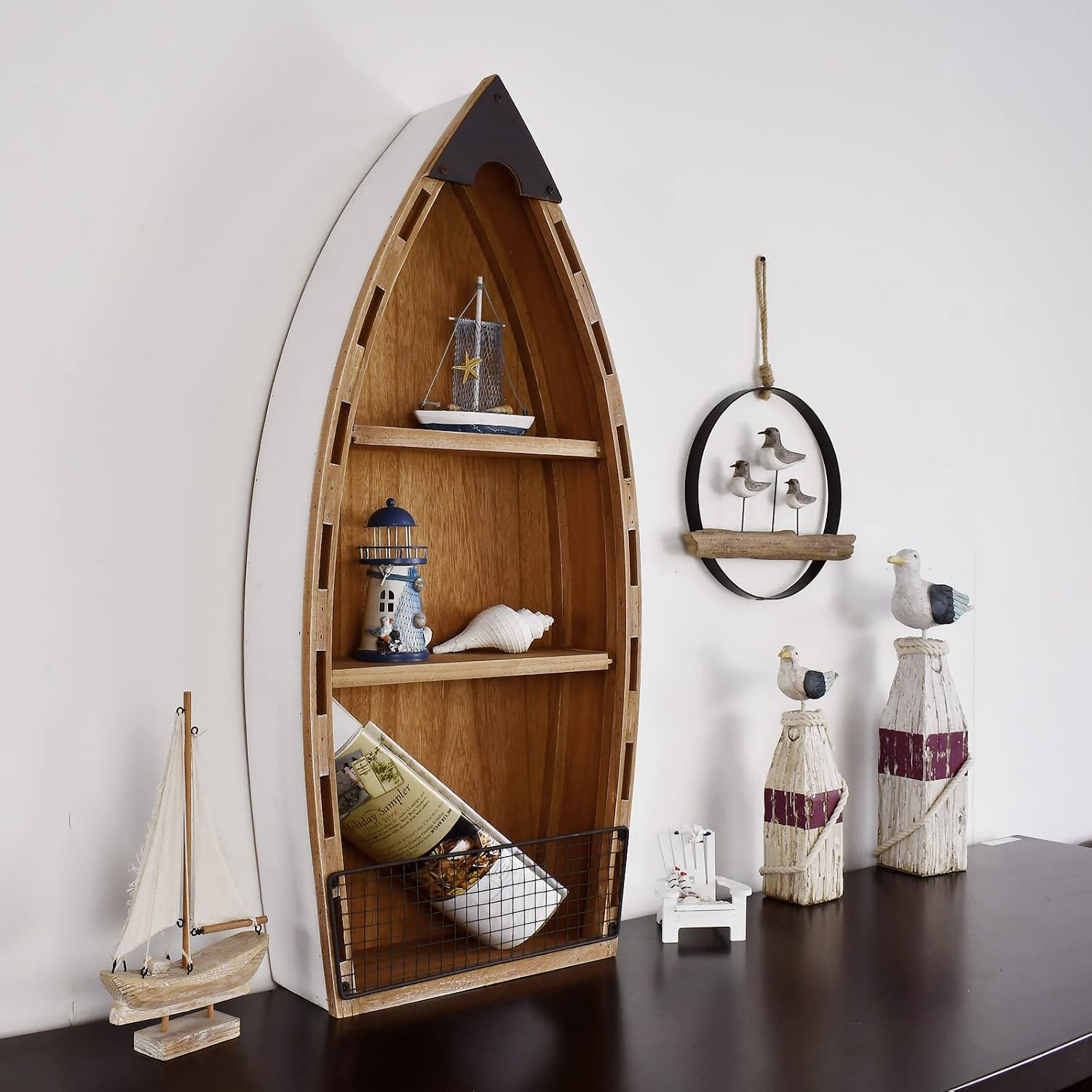 2 Set Wood Boat Shelf Standing Decor, Nautical Wall Hanging Canoe for Beach Theme Bathroom Living Room Baby Nursery Floor Tabletop Coastal Farmhouse Lake House Decor