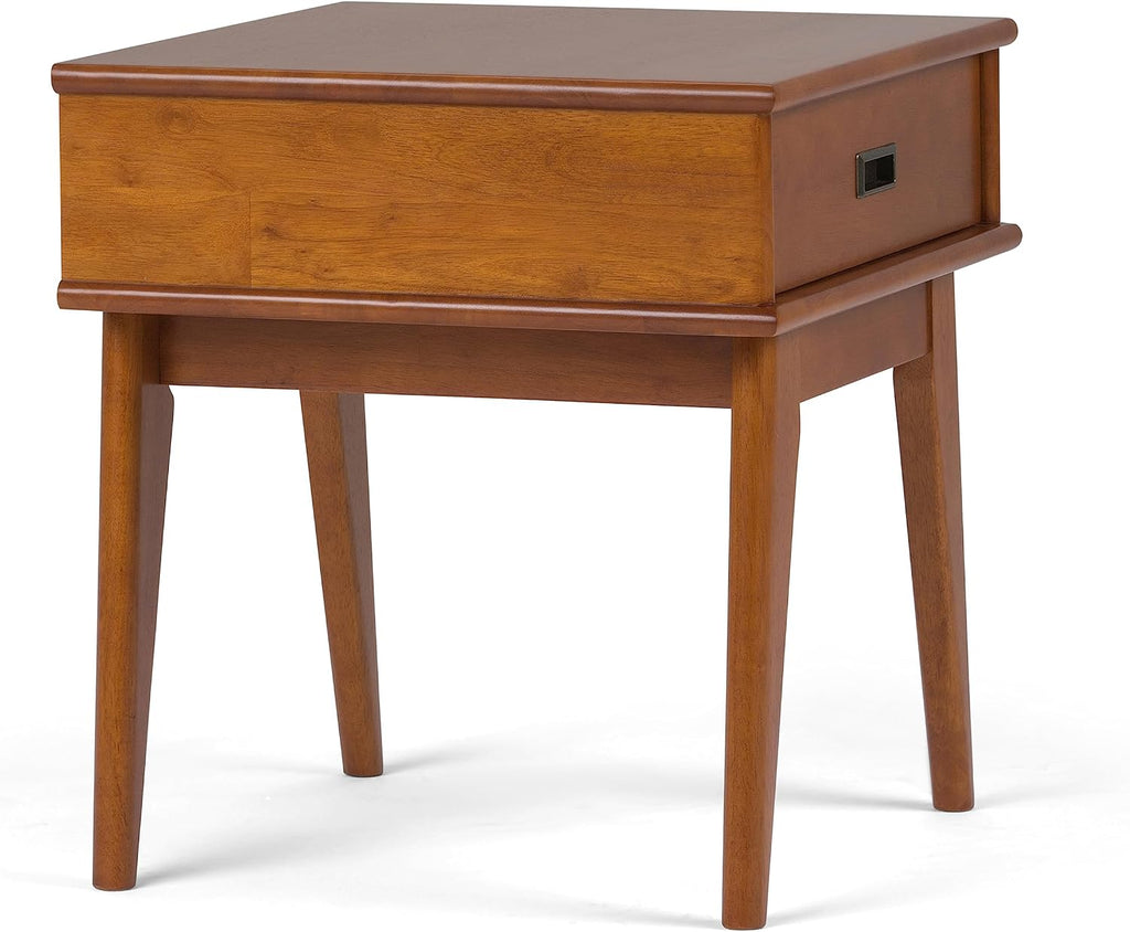 SIMPLIHOME Draper End Table - 22 inch Wide Solid Hardwood Rectangular Accent Table with Storage Drawer in Teak Brown, Mid-Century Modern Nightstand or Lamp Stand for Living Room or Bedroom