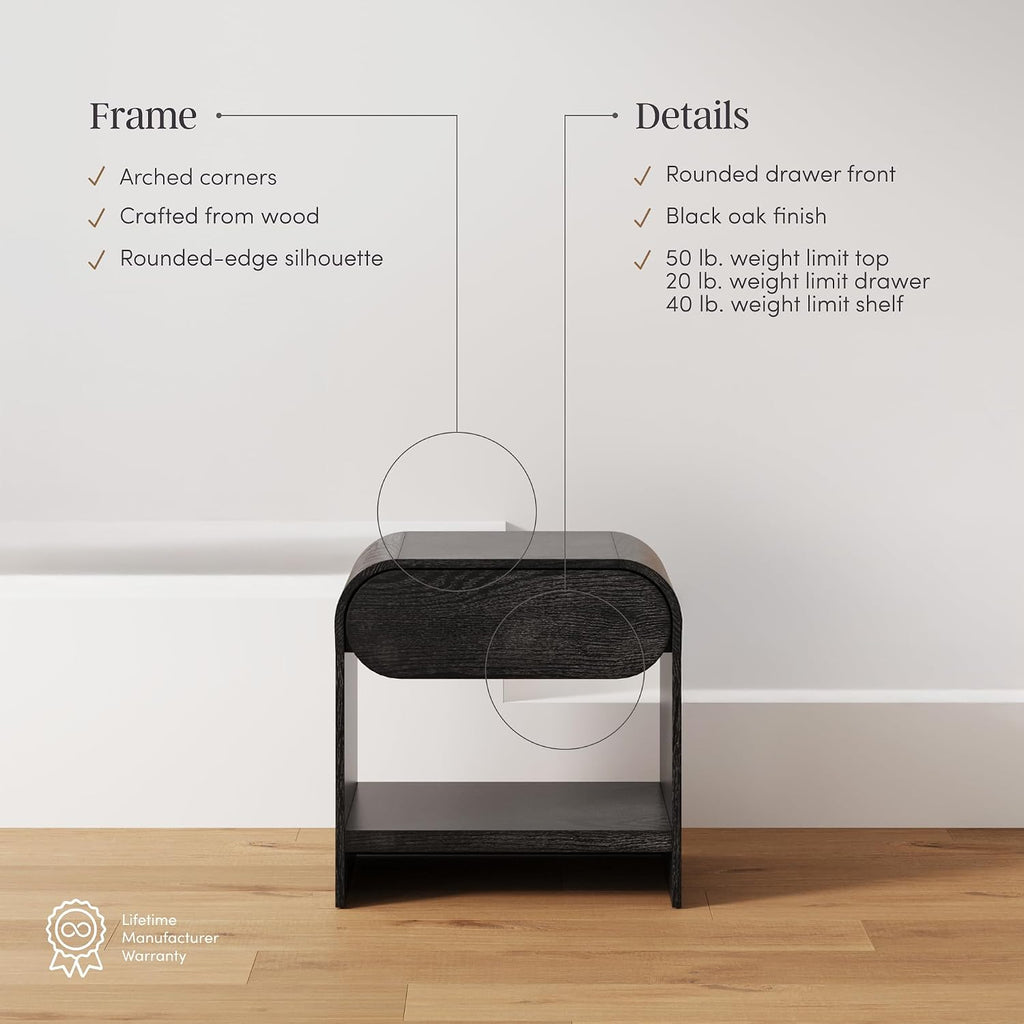 Nathan James Iris Mid-Century Modern Nightstand with Drawer, End Table with Storage for Bedroom or Living Room with Rounded Silhouette, Black Oak Set of 2