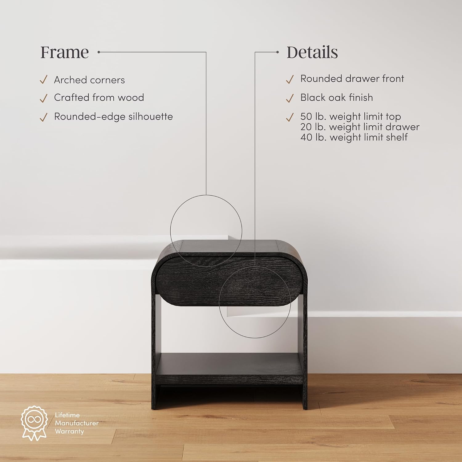 Nathan James Iris Mid-Century Modern Nightstand with Drawer, End Table with Storage for Bedroom or Living Room with Rounded Silhouette, Black Oak Set of 2