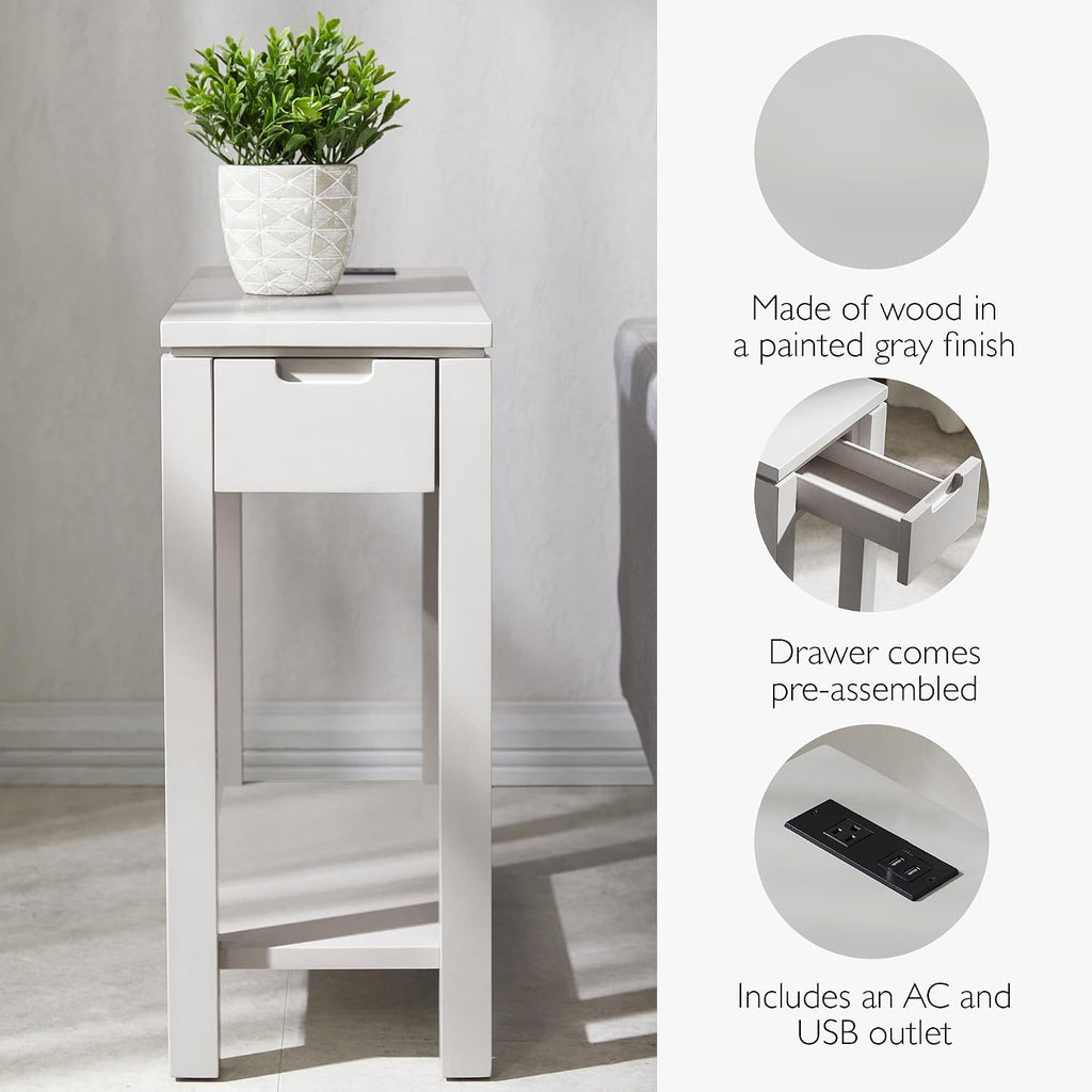 Leick Home 9080-GR Cade Wood Side Table with Drawer and AC/USB Outlet, Gray