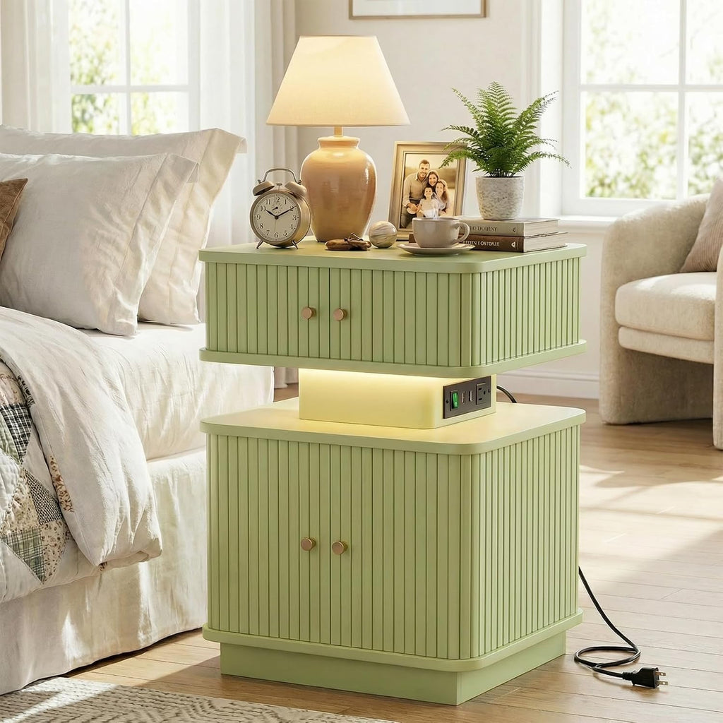 Set of 2 LED Light End Table with Charging Station, Green Mid Century Bedside Table with USB Type A C Ports, Small Fluted Accent TV Control Nightstand with Sliding Door for Living Room, Curvy Edge