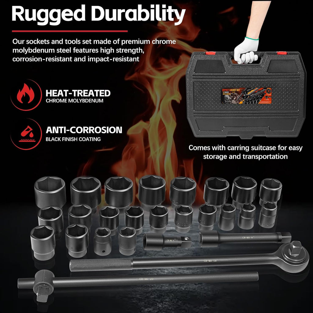 3/4-Inch Drive Jumbo Master Impact Socket Set, SAE and Metric Shallow-Socket Tool Set, SAE 7/8' to 2' and Metric 22 to 50 mm Sockets with Extension Bars and Ratchet Handle, 27 pieces