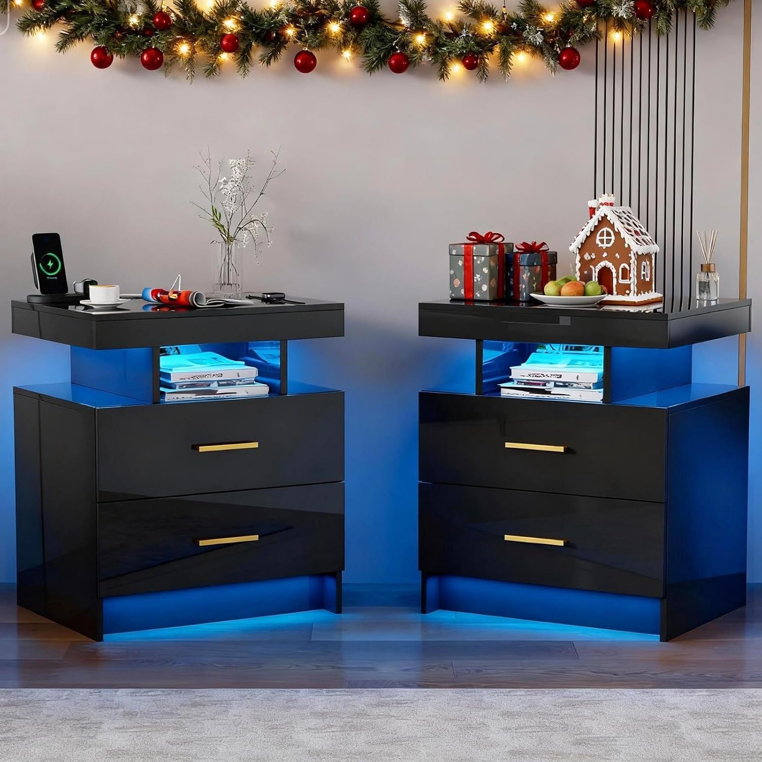 Smart Night Stand Set of 2 with Charging Station, Modern Black Nightstand with 24 Color Lights and 2 Drawers, LED Bedside Tables with Auto Senor,High Gloss End Side Table for Bedroom