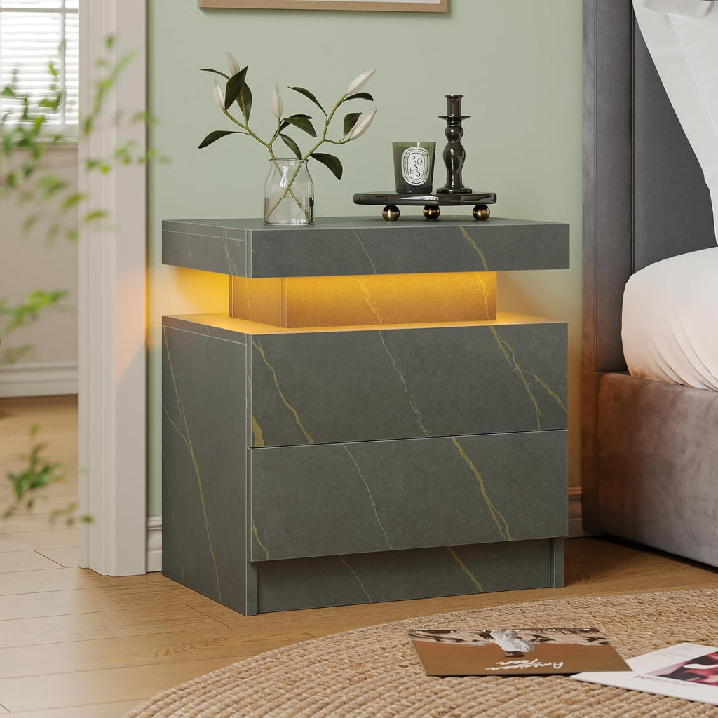 Cubehom Nightstands Set of 2, Bedside Tables with LED Lights, Night Stands with 2 Wood Drawers, End Tables Set of 2 for Living Room/Bedroom