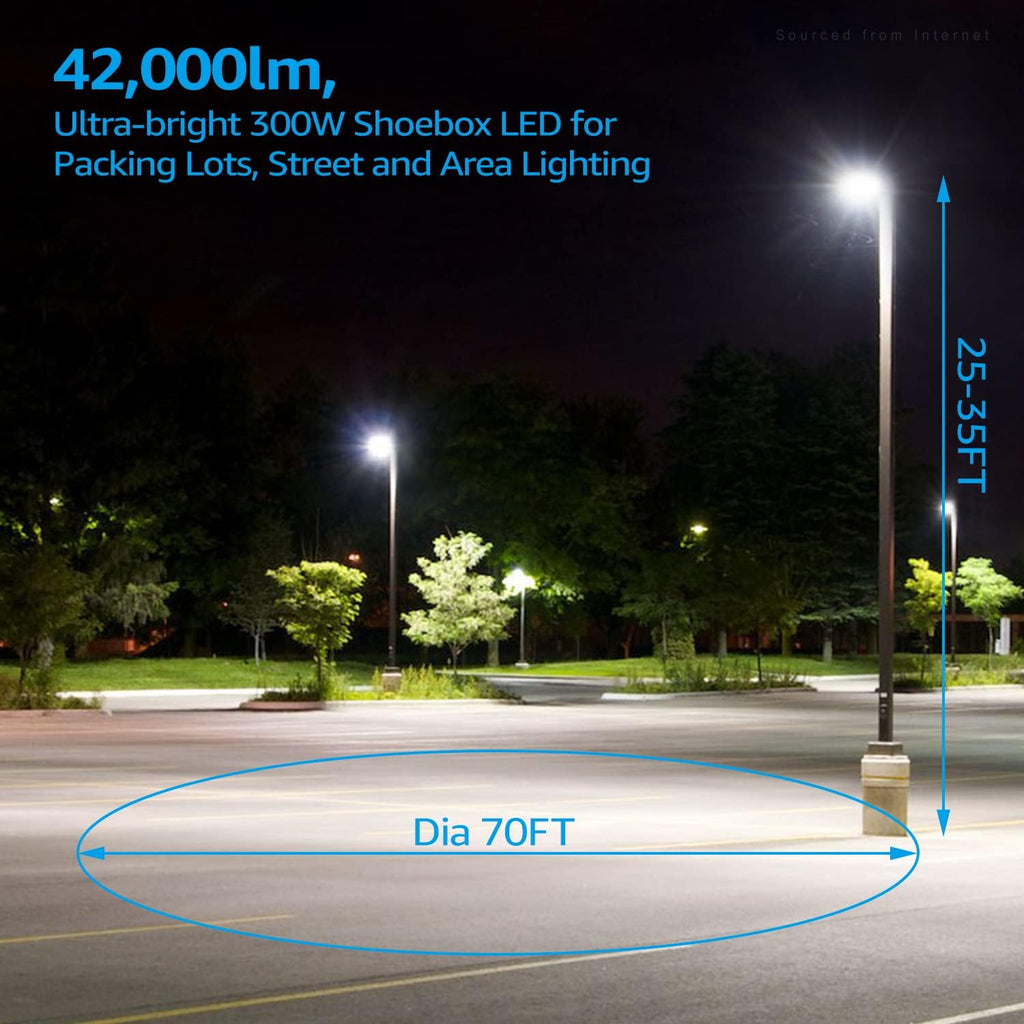 LEONLITE 300W LED Parking Lot Light, 1-10V Dimmable, Adjustable Arm Mount, 42,000lm UL & DLC Listed, Shoebox Pole Light with Photocell, 100-277V, Commercial Street Lighting, IP65, 5000K Daylight