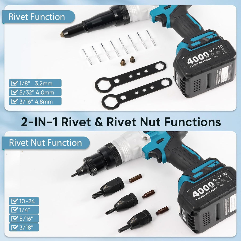 2 in 1 Cordless Electric Rivet/Nut Gun Tool for Nutsert(10/24' & 1/4' & 5/16' & 3/8'),Rivets(1/8'', 5/32'', 3/16'), Portable Battery Powered Pop Rivet/Nut Gun, Auto/Manual Rivet, Two Memory Modes