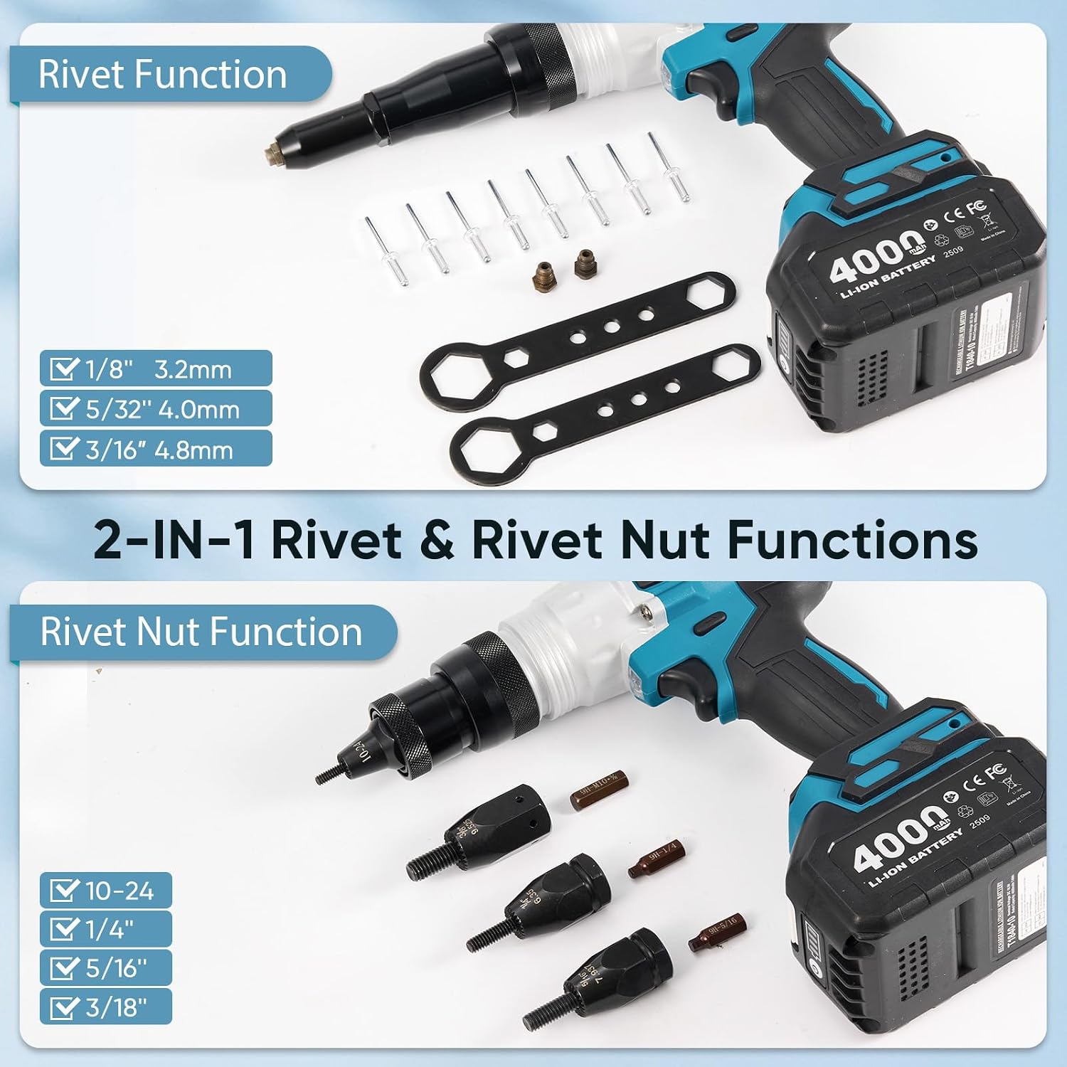 2 in 1 Cordless Electric Rivet/Nut Gun Tool for Nutsert(10/24' & 1/4' & 5/16' & 3/8'),Rivets(1/8'', 5/32'', 3/16'), Portable Battery Powered Pop Rivet/Nut Gun, Auto/Manual Rivet, Two Memory Modes