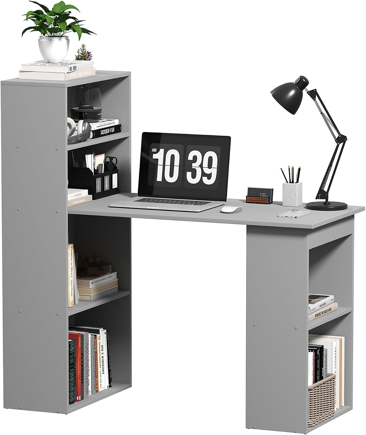 HOMCOM Modern Home Office Desk with 6-Tier Storage Shelves, 47' Writing Desk with Bookshelf, Gray