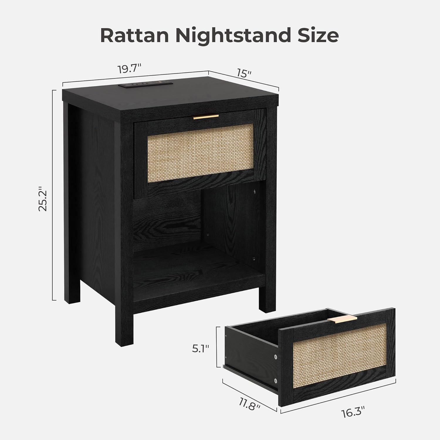 SICOTAS Black Nightstands Set of 2 with Charging Station - Rattan Night Stand with Drawer, Modern Bedside Table with USB and Type-C Ports, Bed Side Tables for Bedroom, Black Oak, 2 PCS