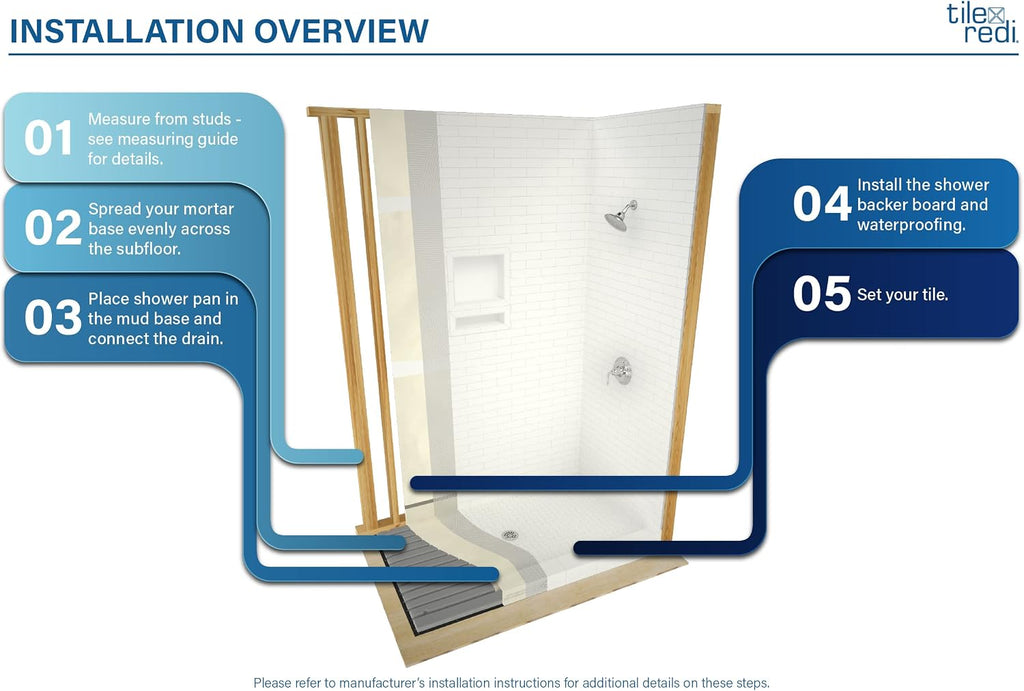 Tile Redi P3648C-PVC Shower Pan with Center Drain- Single Curb Shower Base, 2' PVC Drain, and Plate Included, 48' Width x 36' Depth