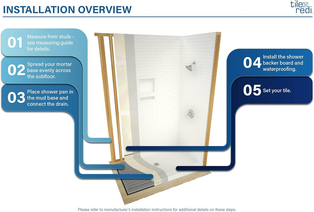 Tile Redi P3042C-PVC Shower Pan with Center Drain- Single Curb Shower Base, 2' PVC Drain, and Plate Included, 42' Width x 30' Depth