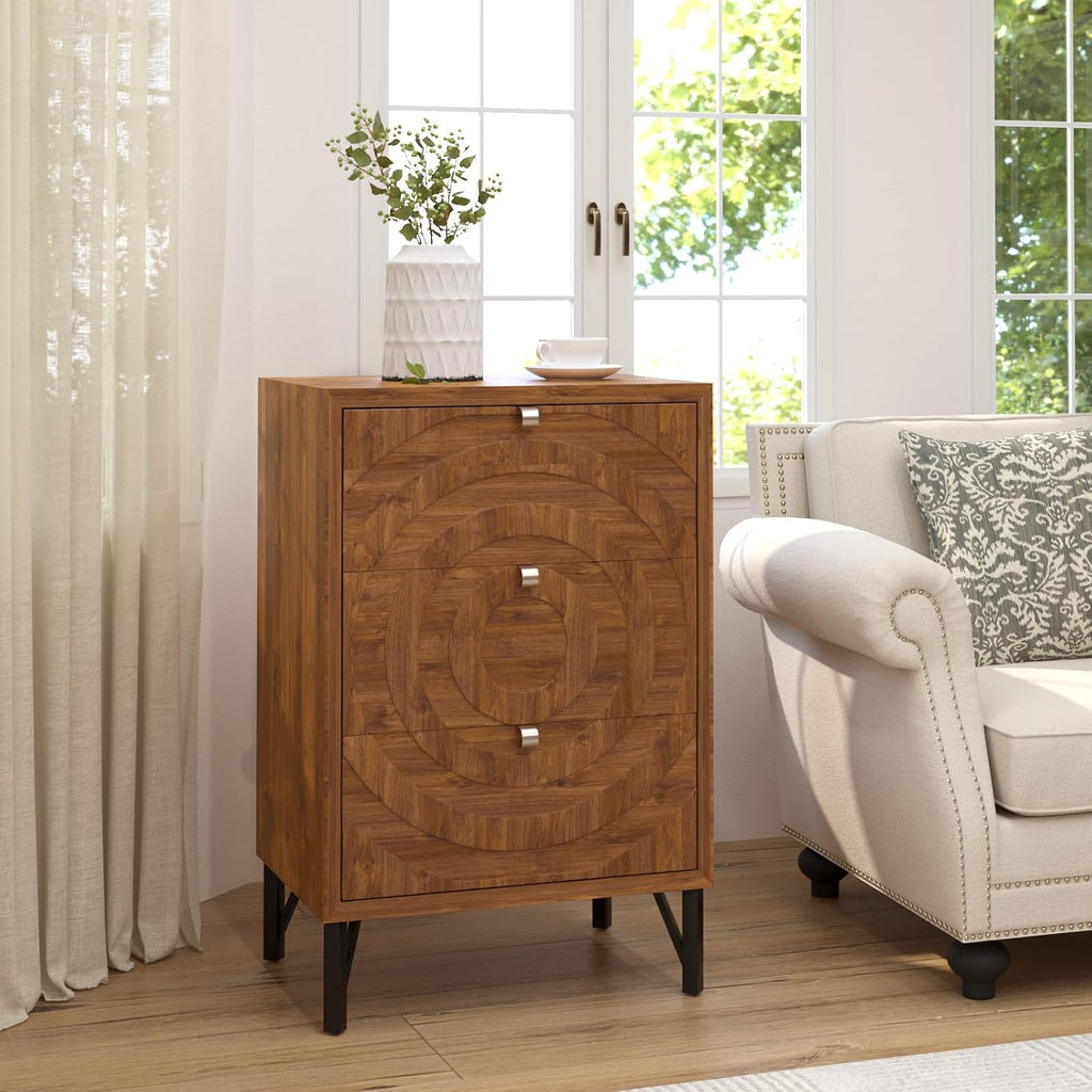 COSIEST Nightstand, Rustic End Table with 3 Drawers, Vintage Wood Bedside Table with Strudy Legs, Modern Side Table Accent Nightstand for Bedroom, Living Room(Brown,2 Pieces)