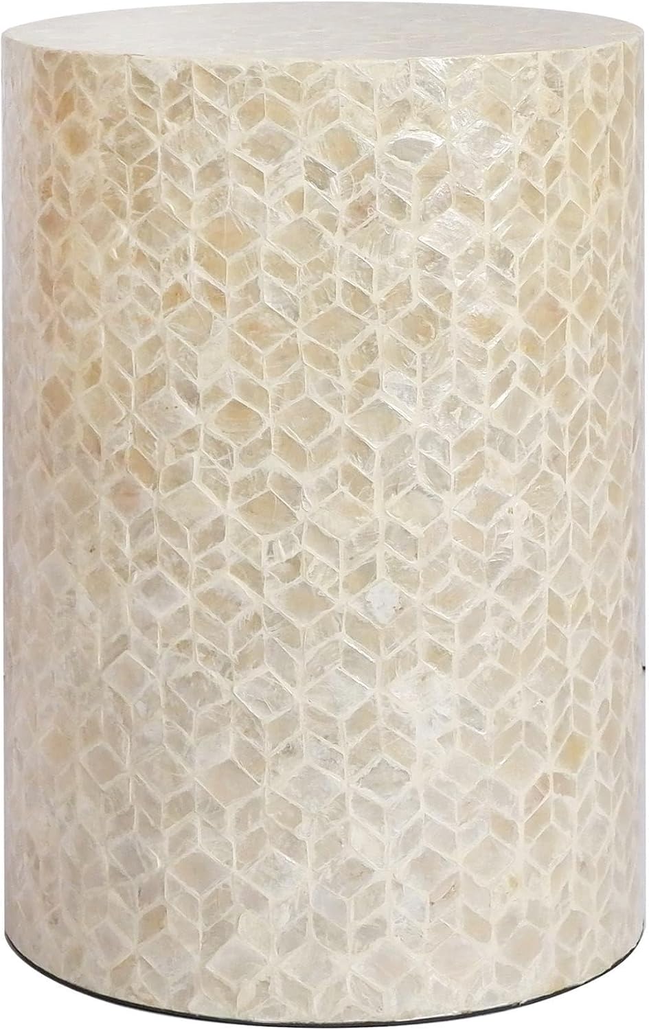 PEMAR Capiz Shell Cylinder Drum End Table Nacre Side Table Stool Round Drum Accent Coffee Bedside Nightstand and Vanity Stool, 13' Diameter x 19.3' High, White Cream