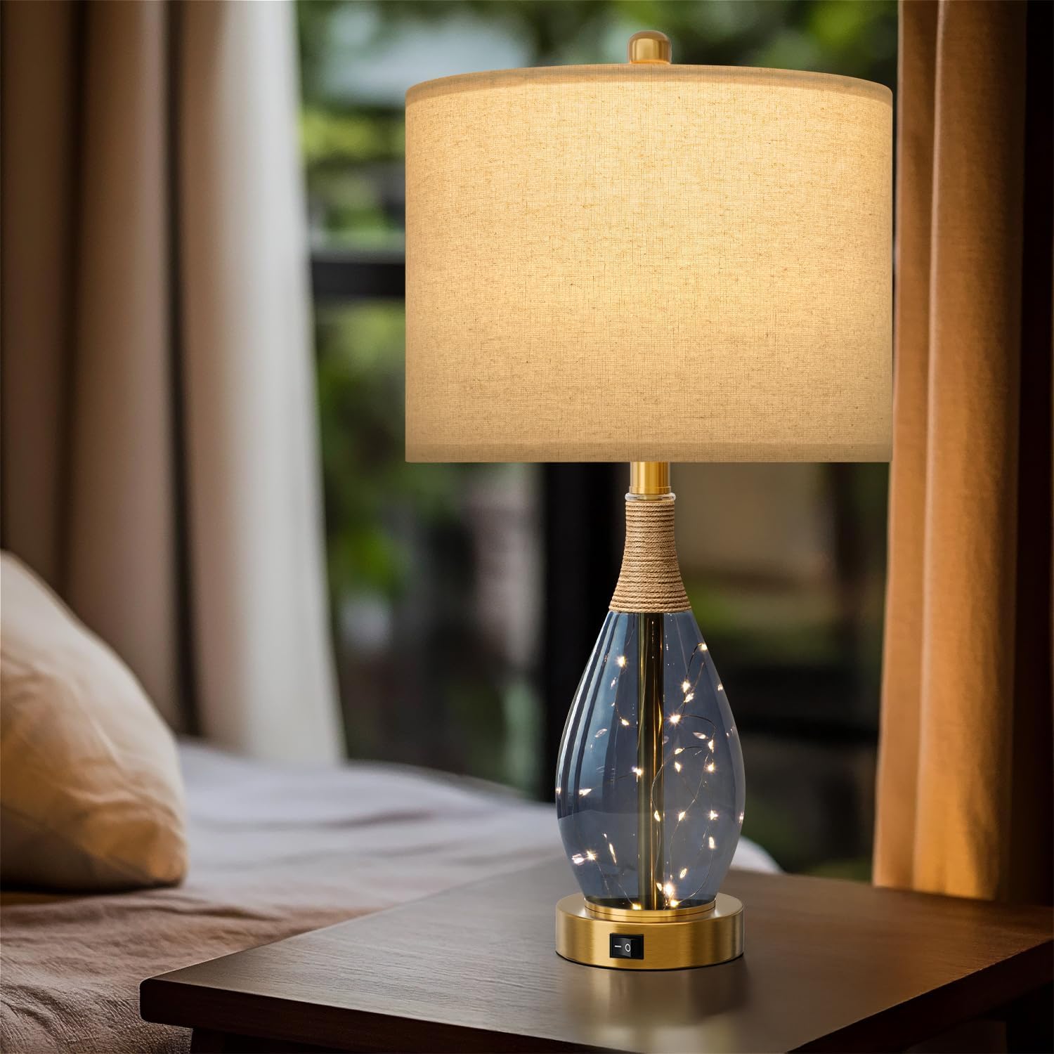 OYEARS 23' Table Lamps for Living Room Set of 2 Bedside Lamps for Night Stands Bedroom Lamps Farmhouse Rattan Boho Lamp Glass Nightlight End Table Lamp with USB C+A (Blue),Two Light Points