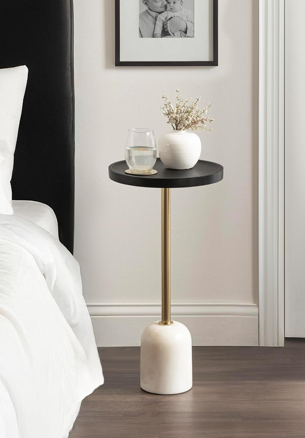 Kate and Laurel Shorrock Round Mango Wood Side Table, 12 x 12 x 24, Black, Gold, and White Marble, Modern Pedestal End Table with Marble Base for Bedroom Nightstand or Living Room Plant Stand
