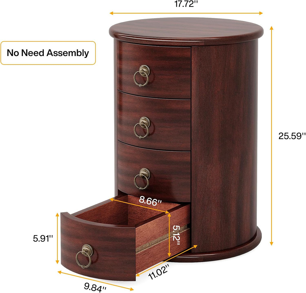Tribesigns Solid Wood Nightstand, Round Night Stand with 4 Drawers, Rustic Bedside Table Tall Nightstand for Bedroom, Living Room, No Assembly Required (1)