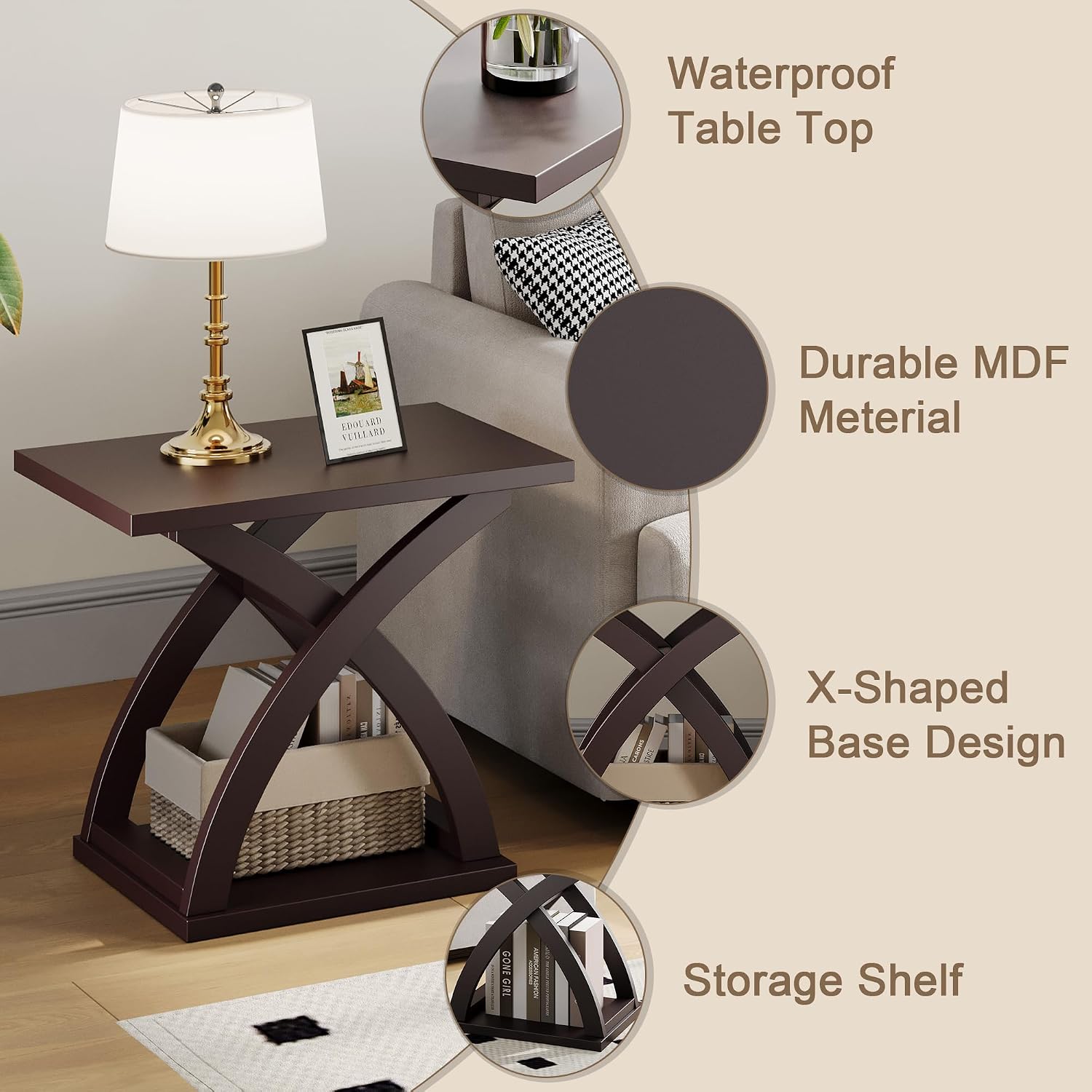 ChooChoo End Side Table Set of 2, Modern End Table with Storage Shelf, X-Design Side Table Living Room (Espresso)