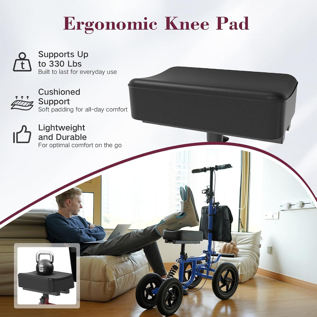 All Terrain Knee Scooter for Adults, Foldable Rolling Knee Scooter with DIY Stickers & Shock Absorber, Steerable Knee Walker for Broken Foot, Ankle Injuries & Surgery, Better Crutch Alternative