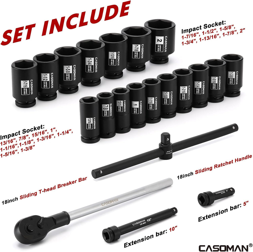 CASOMAN 3/4-Inch Drive Jumbo Master Impact Socket Set, 21PCS SAE Deep Socket Assortment (7/8' to 2'), Include Extension Bar and Ratchet Handle, CR-MO
