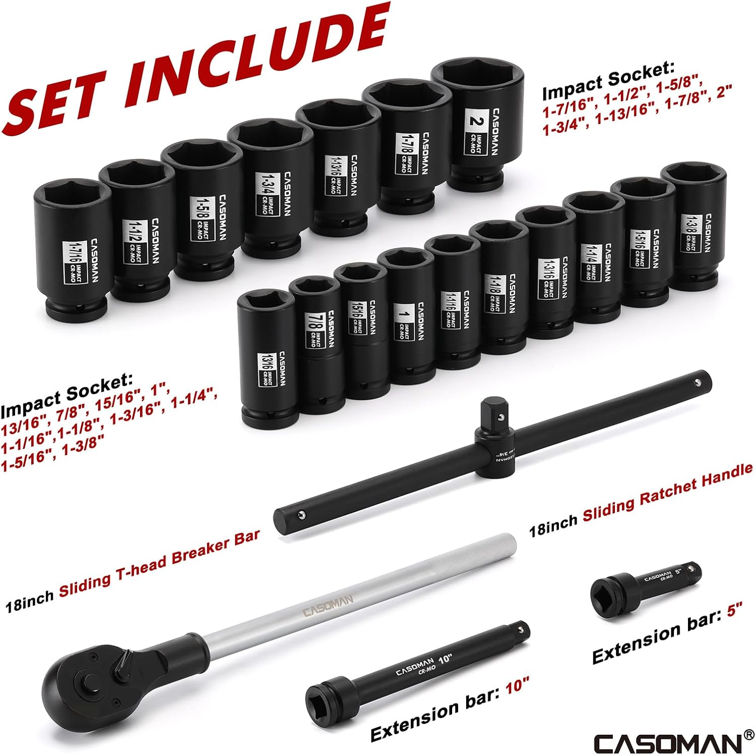 CASOMAN 3/4-Inch Drive Jumbo Master Impact Socket Set, 21PCS SAE Deep Socket Assortment (7/8' to 2'), Include Extension Bar and Ratchet Handle, CR-MO