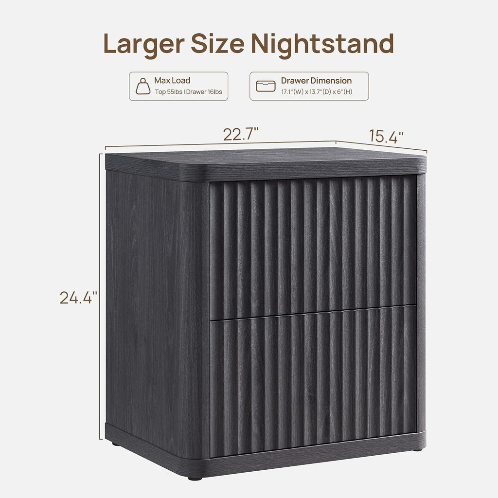 SICOTAS Night Stand Set of 2 Nightstands with 2 Drawers Storage Bedside Table Large Fluted Bed Side End Table Modern 24.4' Tall Wide Night Stands for Bedroom Living Room Sofa Couch Office