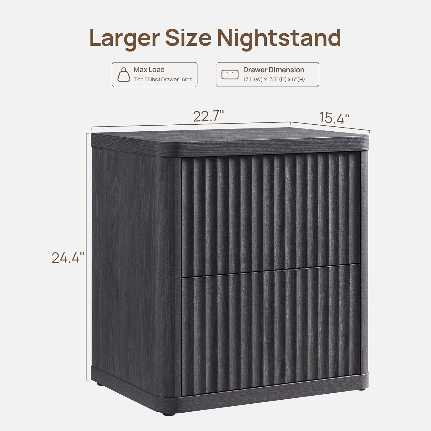 SICOTAS Night Stand Set of 2 Nightstands with 2 Drawers Storage Bedside Table Large Fluted Bed Side End Table Modern 24.4' Tall Wide Night Stands for Bedroom Living Room Sofa Couch Office