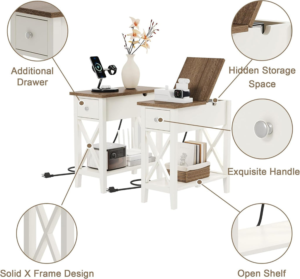 ChooChoo End Table Set of 2 with Charging Station, Narrow End Table with USB Ports and Outlets, Small Side Table Nightstand with Drawer for Living Room, Bedroom, Soft White