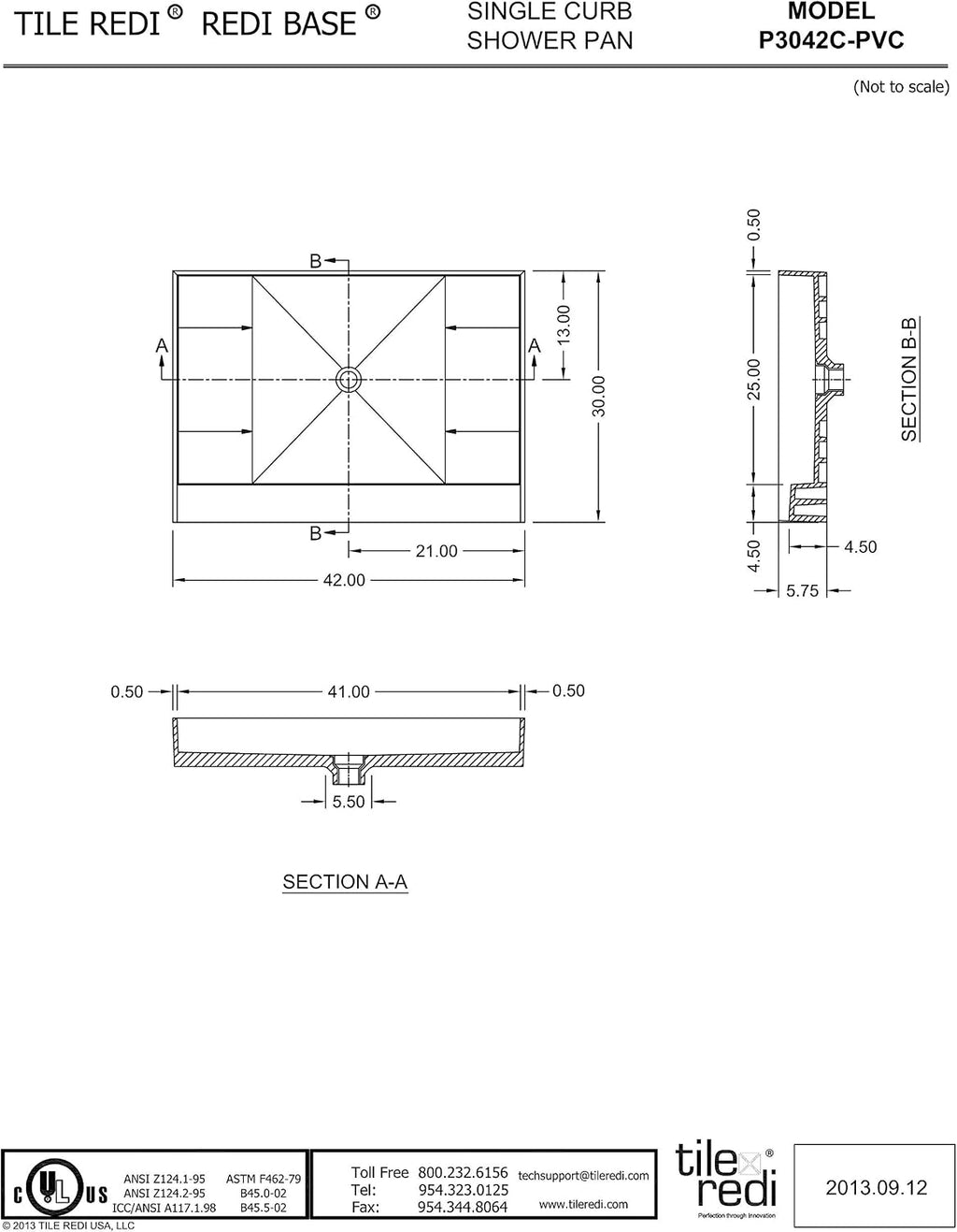 Tile Redi P3042C-PVC Shower Pan with Center Drain- Single Curb Shower Base, 2' PVC Drain, and Plate Included, 42' Width x 30' Depth