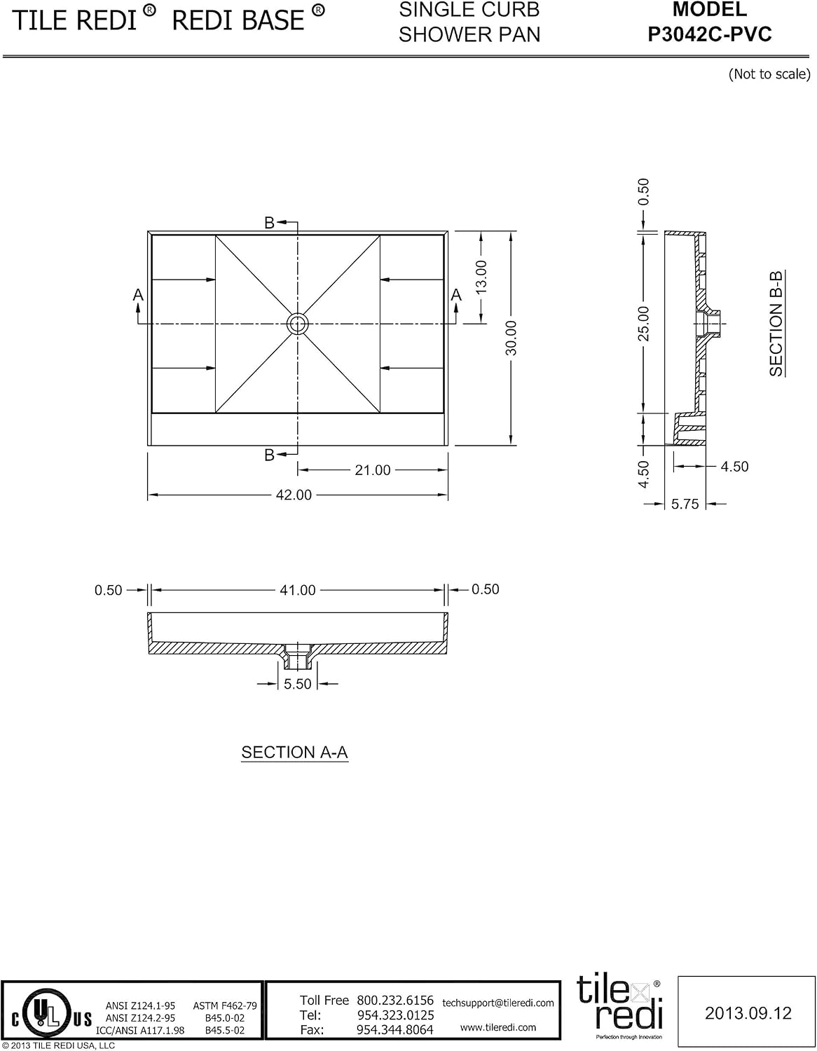 Tile Redi P3042C-PVC Shower Pan with Center Drain- Single Curb Shower Base, 2' PVC Drain, and Plate Included, 42' Width x 30' Depth