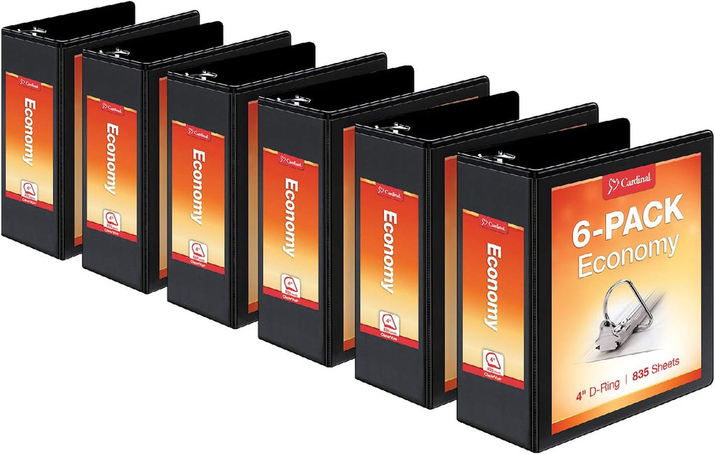 Cardinal Economy 3-Ring Binders, 4', Slant-D Rings, Holds 835 Sheets, Black, Case of 6 & Performer 3-Ring Binders, 3', Non-Locking Slant-D Rings, 725-Sheet Capacity, Black, 4-Pack