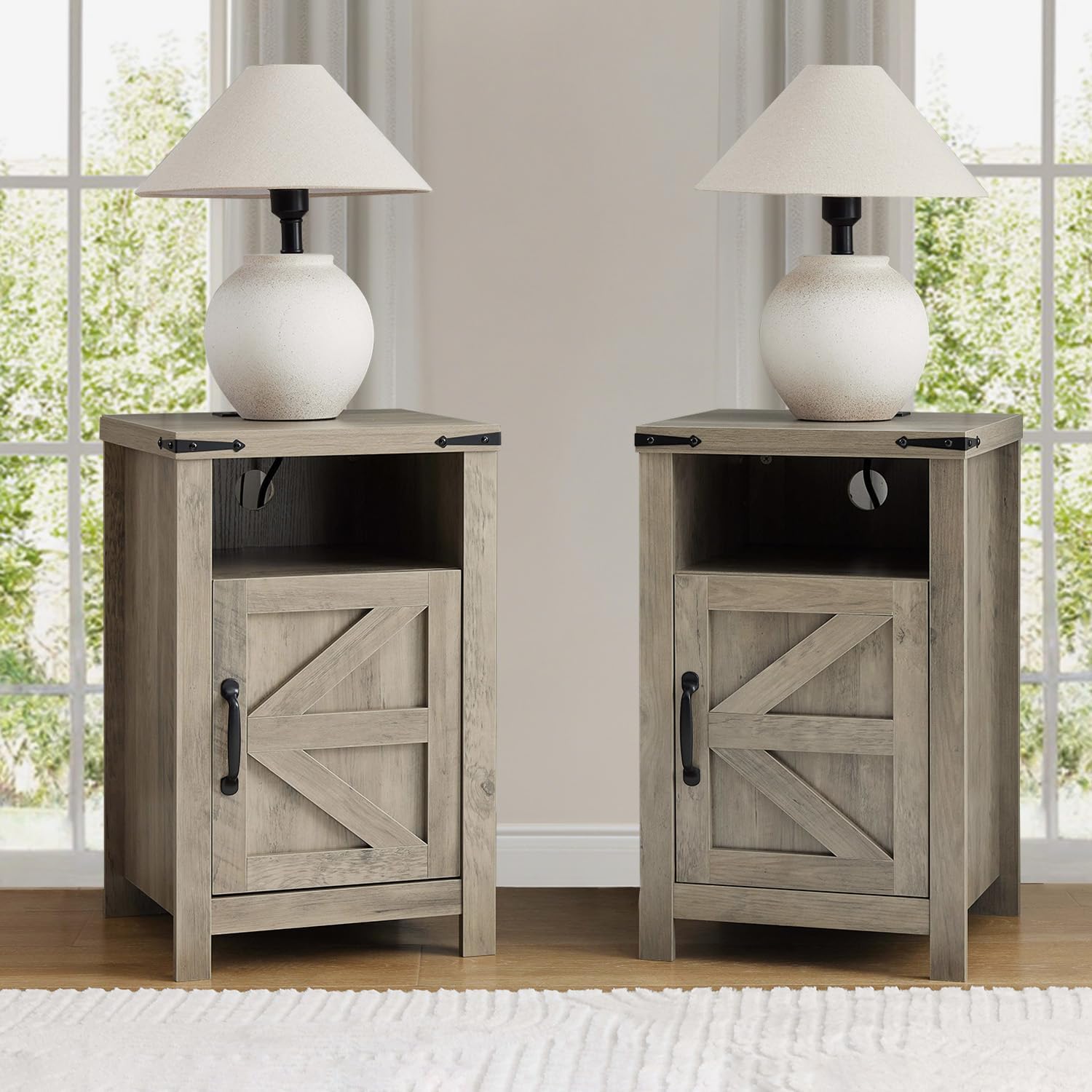 Farmhouse Nightstand Set of 2, Bedside Table with Charging Station, Night Stand with Barn Door, Grey End Table Sofa Side, Nightstand Storage for Bedroom Living Room, Grey