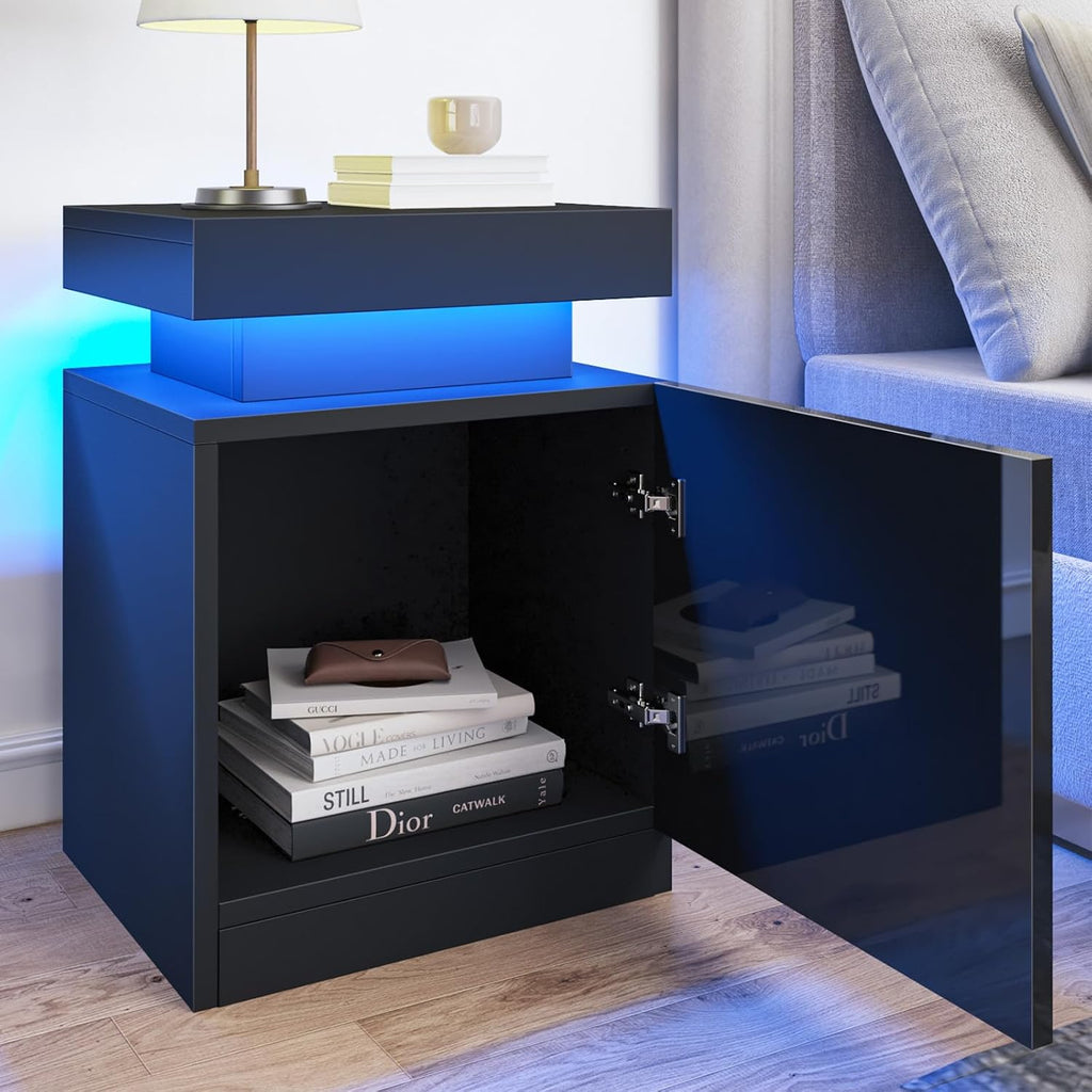 MXV Nightstand Set of 2 with LED Lights, 17.7in Night Stand with Storage Cabinet for Bedroom, Bedside Table with LED (Black, 17.7IN)