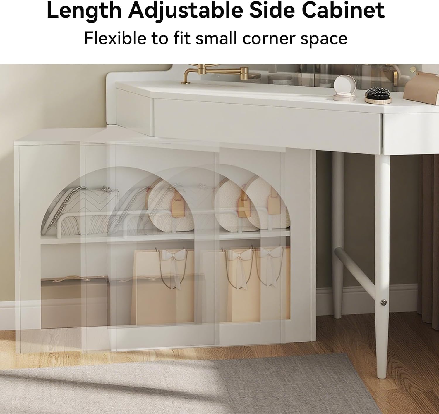 Merax Corner Vanity Desk with Mirror and Lights, 55.9' L Makeup Vanity Set with Side Storage Cabinet and Stool, Dressing Table with Small Sliding Glass Door, Drawer and Display Shelf, White