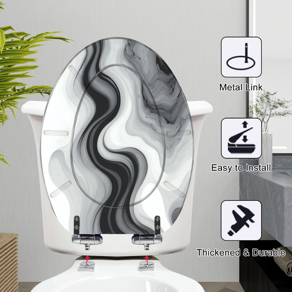 Elongated Toilet Seat Marble texture colorful black white gray marble surface curved lines Resin Toilet Seat Slow Quiet Close Lid with Quick-Release Hinges Cover Bumpers Easy to Clean Install