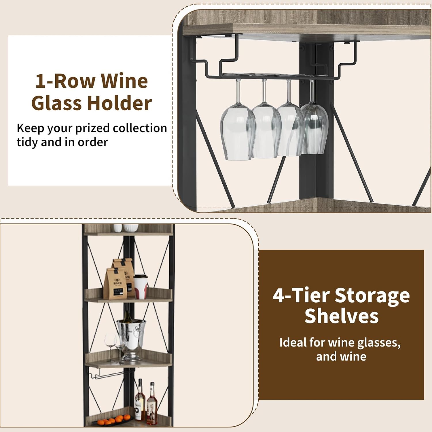 GarveeHome 69' Tall Corner Bar Cabinet with 5-Tier Shelves, Farmhouse Liquor Cabinet with Wine Rack & Glass Holder, Space-Saving Barn Door Storage Cabinet for Living Room Kitchen Home Bar - Gray