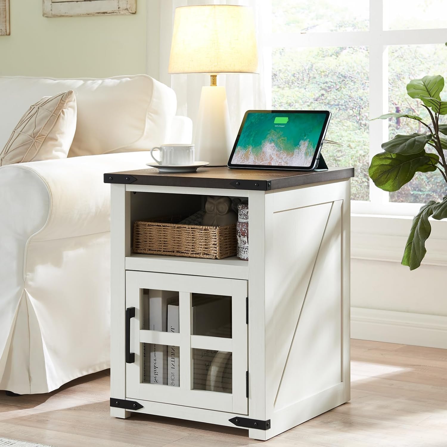 Barnyatoh Farmhouse Nightstand with Charging Station, Rustic End Table with Tempered Glass Barn Door, Wood Sofa Side Bedside Table with Open Storage Shelf for Living Room, Bedroom, White, 2 Pack
