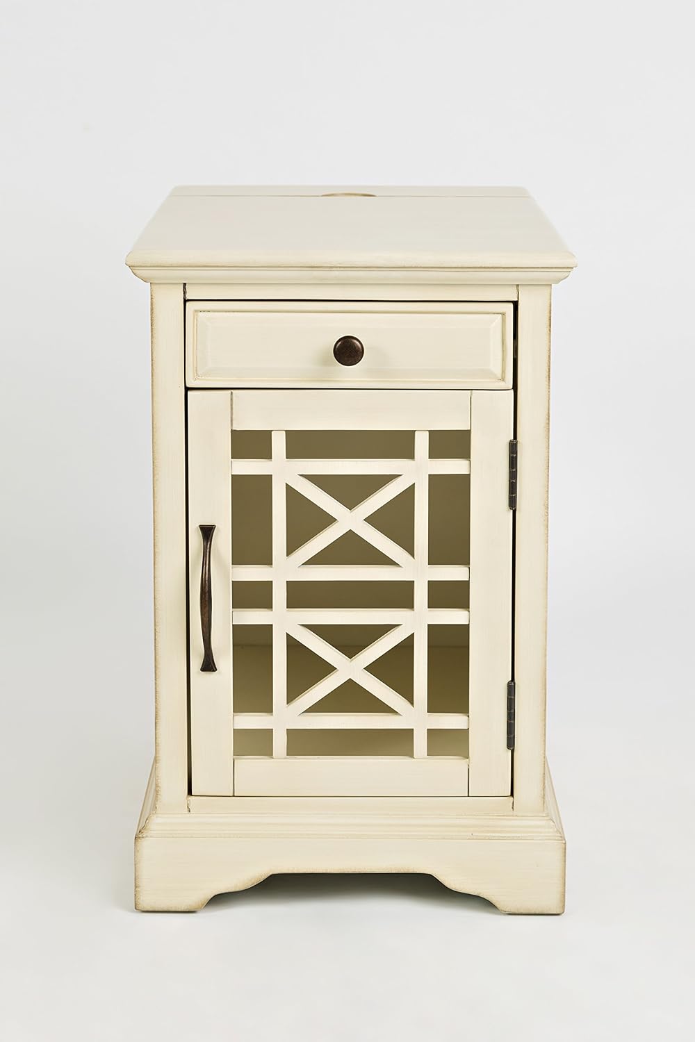 Jofran Farmhouse Craftsman End Table with Charging Station – Narrow Night Stands with USB Charging Port – Space-Saving Design for Bedroom, Living Room, or Entryway, Antique Cream