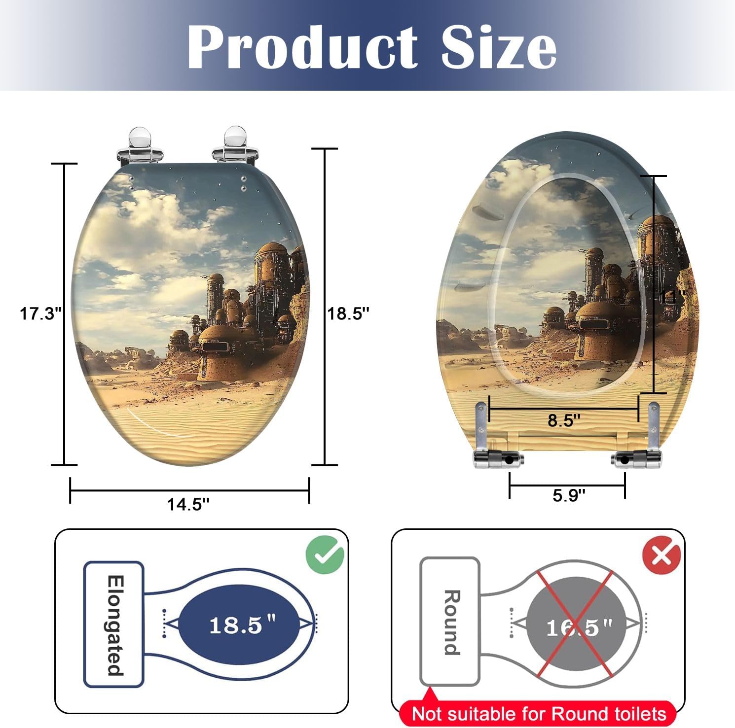 Elongated Toilet Seat Distant Desert Town Resin Toilet Seat Slow Quiet Close with Quick-Release Hinges Toilet Seat with Cover Easy to Clean Install