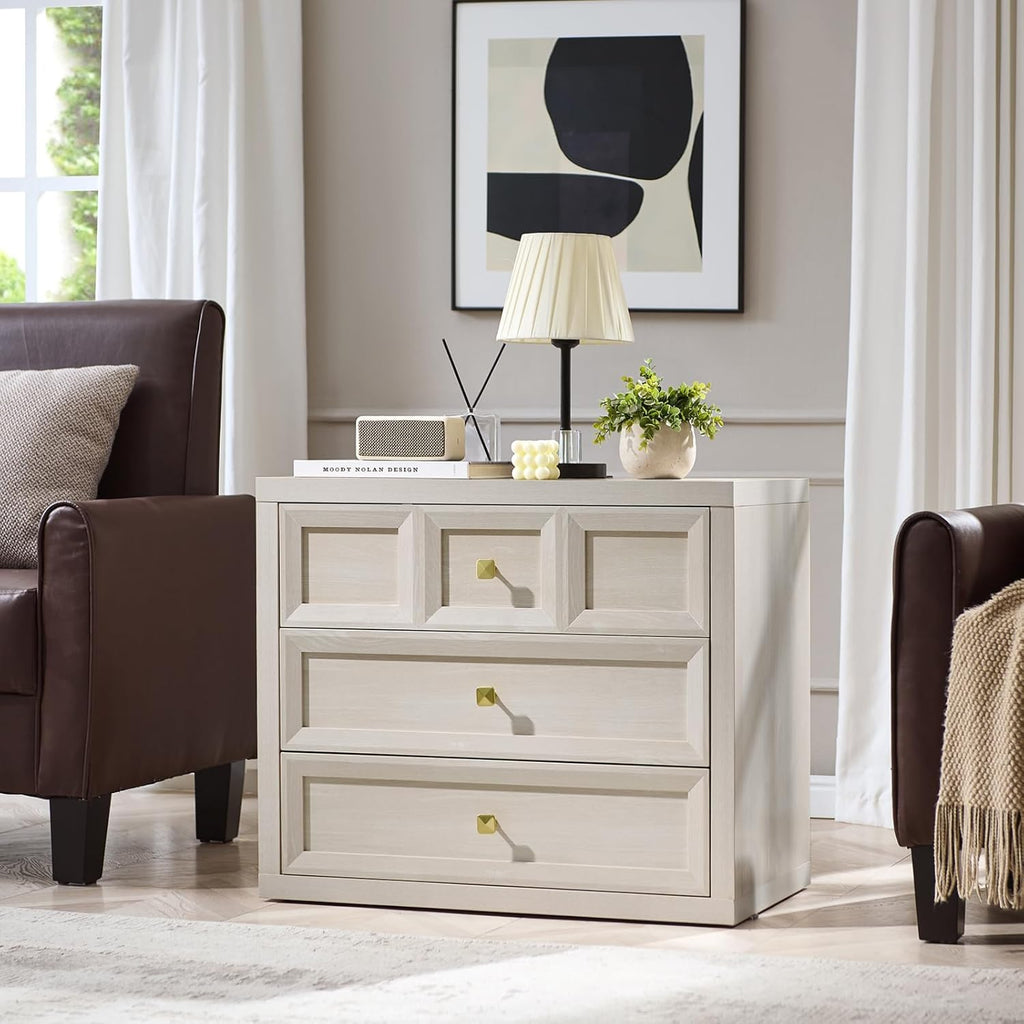 Nightstand Set of 2 W/Charging Station, 30.7' W King Size Bedside Table with 3 Drawers, Accent End Table W/Large Storage, Modern Wood Side Table for Bedroom,Office, Beige