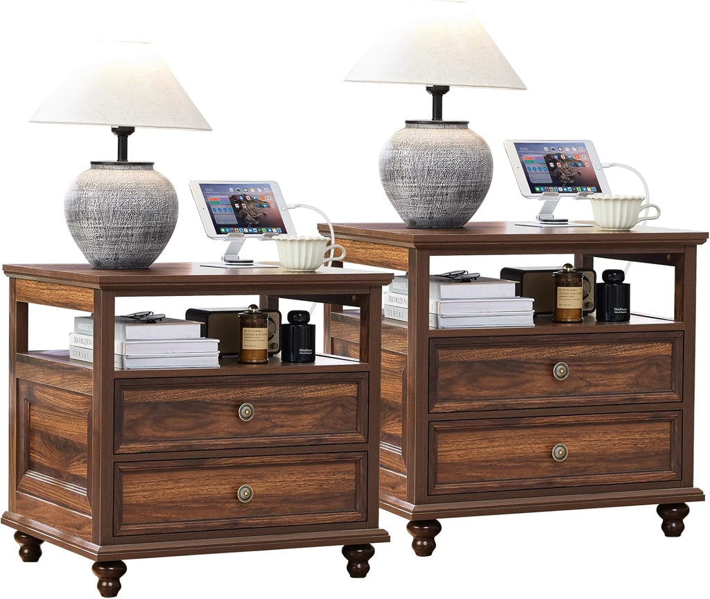 Joaxswe 24' Wide Farmhouse Night Stand Set of 2,Large End Table with 2 Drawers & Metal Handle,Brown Wood Dresser for Bedroom, Bed Side Table Chest of Drawers Cabinet, Nightstand for Living Room,Closet