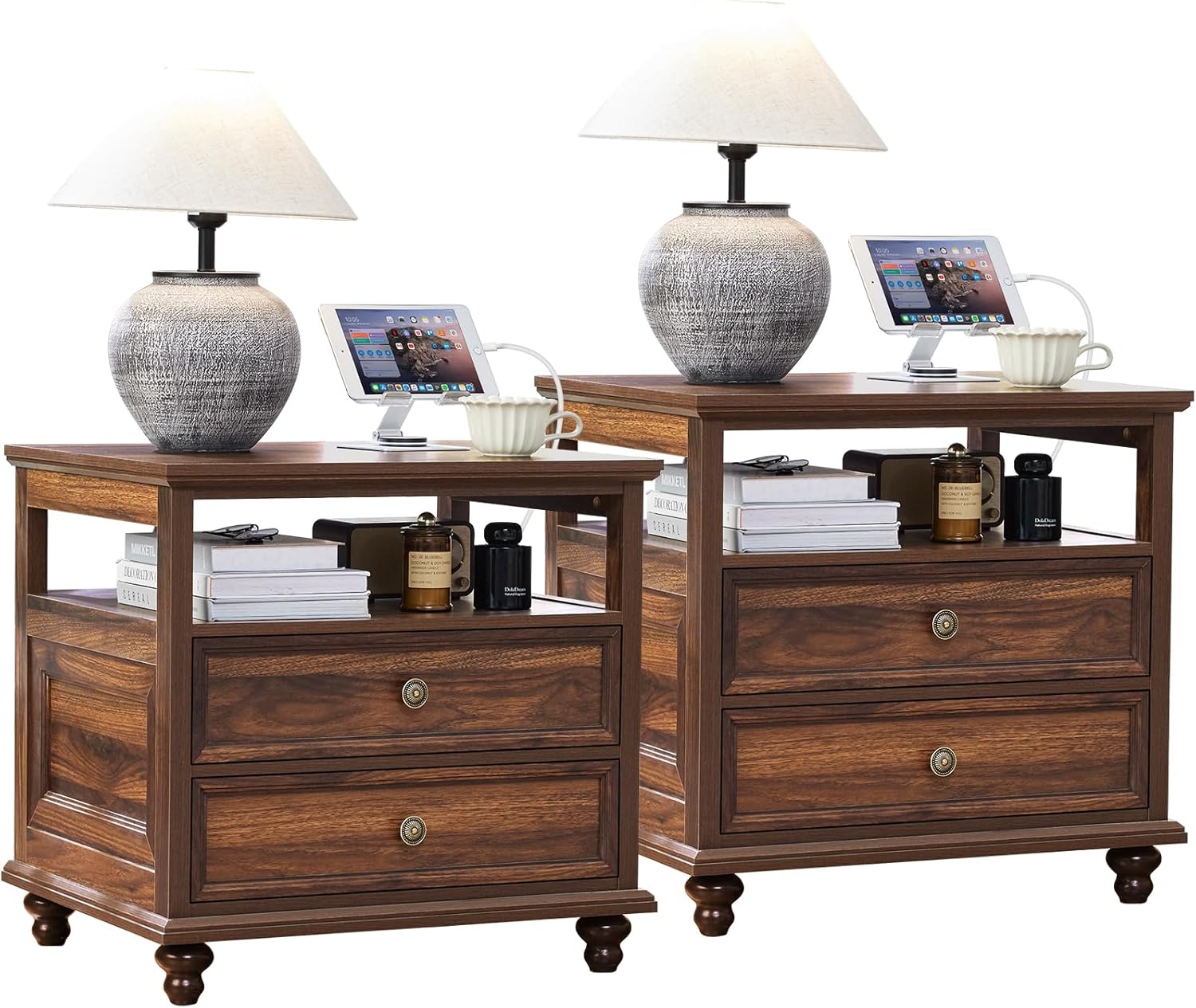Joaxswe 24' Wide Farmhouse Night Stand Set of 2,Large End Table with 2 Drawers & Metal Handle,Brown Wood Dresser for Bedroom, Bed Side Table Chest of Drawers Cabinet, Nightstand for Living Room,Closet