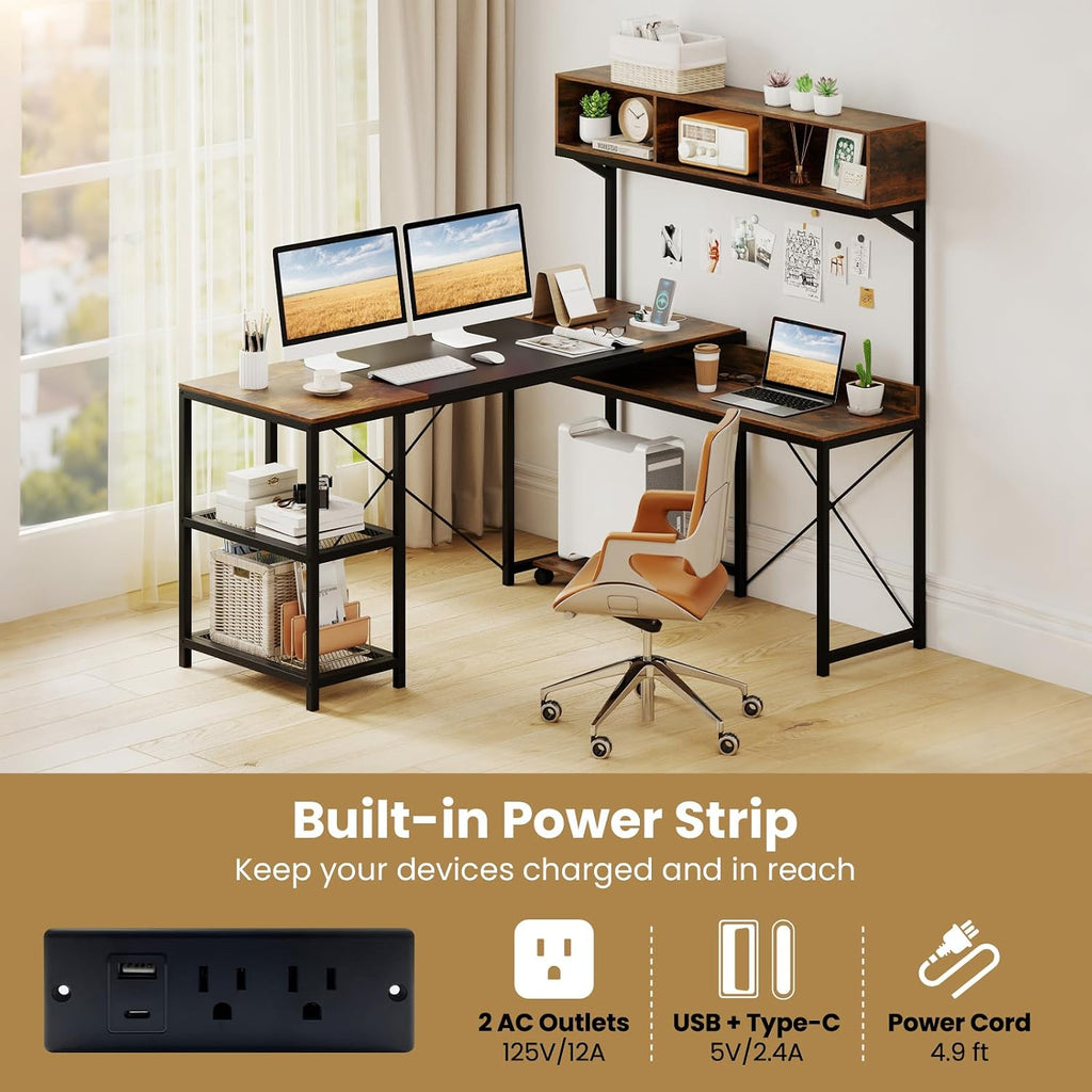 Tangkula 62' Reversible L-Shaped Computer Desk with Hutch & Power Outlets, Corner Computer Desk with 3 Compartments, Shelves & Mobile CPU Stand, Reversible Gaming Table Workstation for Home Office