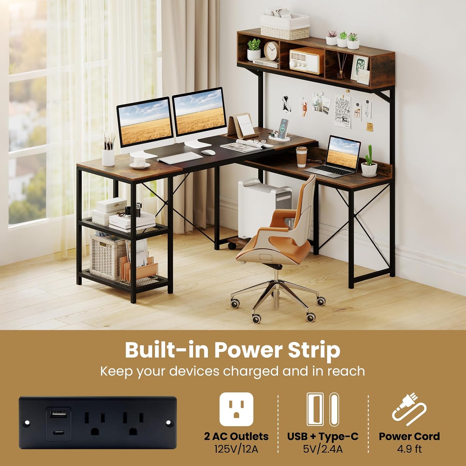 Tangkula 62' Reversible L-Shaped Computer Desk with Hutch & Power Outlets, Corner Computer Desk with 3 Compartments, Shelves & Mobile CPU Stand, Reversible Gaming Table Workstation for Home Office