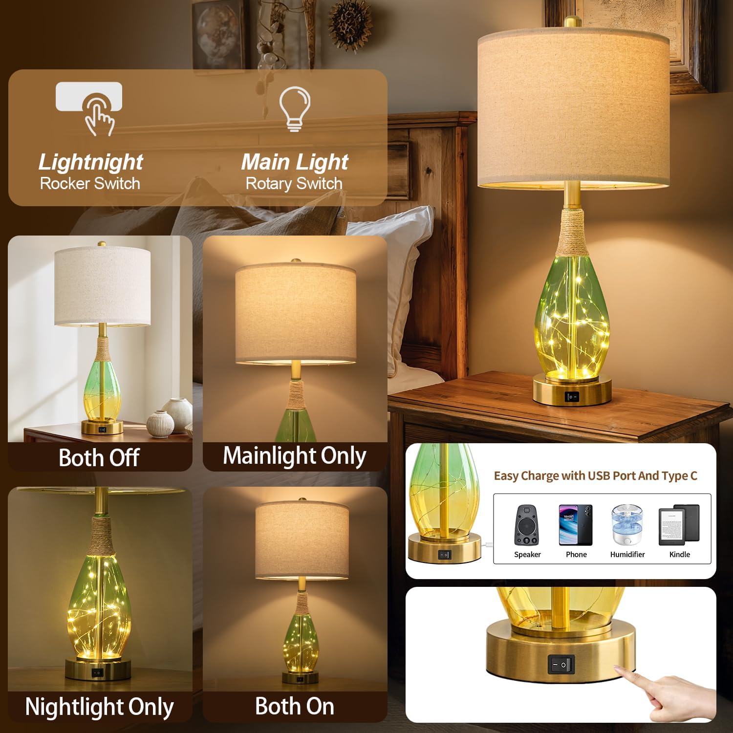 OYEARS 23' Table Lamps Set of 2,Farmhouse Lamps with Glass Nightlight, Bedside Lamps for Living Room, Rattan Lamps for Bedroom Nightstands, Two Light Points
