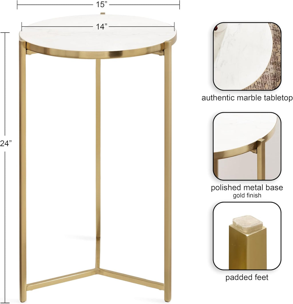 Kate and Laurel Aguilar Modern Round Side Table, 15 x 15 x 24, White and Gold, Genuine Marble Nightstand for Small Spaces and Living Room Decor